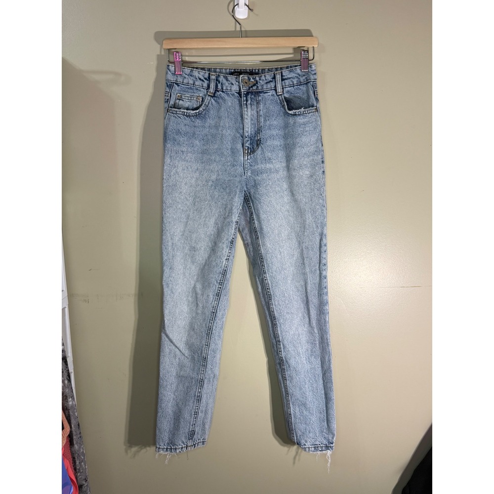 Bershka Basic Collection High Waisted Straight Leg Light Wash Acid Jeans Size 2
